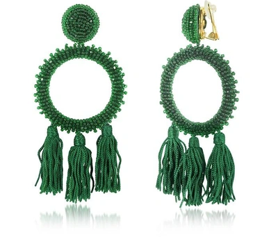 Shop Oscar De La Renta Earrings Large Beaded Circle With Tassel Earrings In Malachite