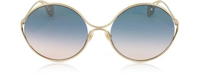 Shop Gucci Designer Sunglasses Gg0253s Round-frame Metal Sunglasses W/gg Pearls In Doré/ Bleu Nuancé