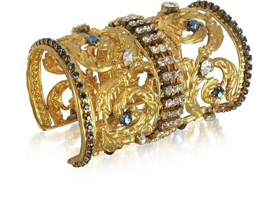 Shop Sara Bencini Designer Bracelets Golden Brass Corinthian Column Cuff Bracelet W/pave Crystals In Doré