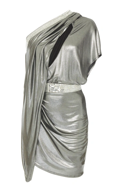 Shop Balmain Short Asymmetric Draped Foil Dress In Silver