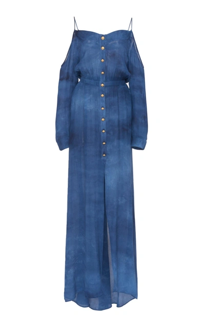 Shop Balmain Cold Shoulder Ls Tie-dye Dress In Blue