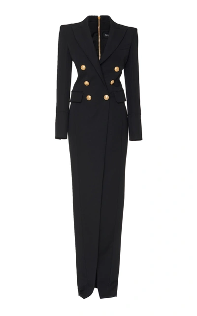 Shop Balmain Button Smoking Ls Slit Dress In Black