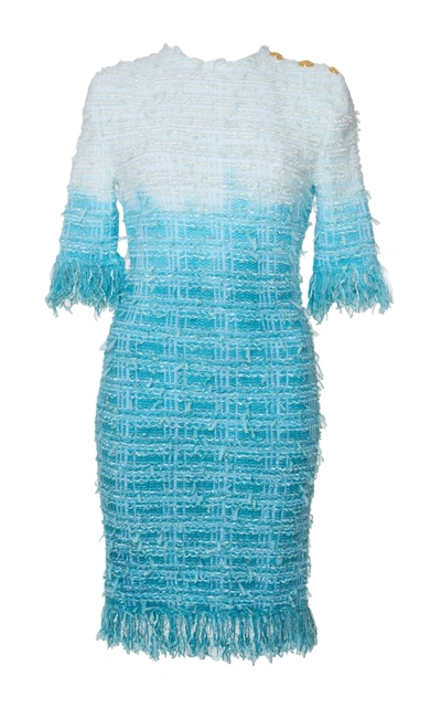 Shop Balmain Fringed Tie-dye Tweed Dress In Blue