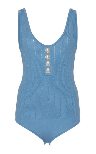 Shop Balmain Button Strap Bodysuit In Blue