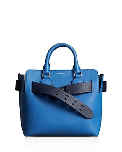 Shop Burberry Small Leather Belted Bag In Hydrangea Blue/silver