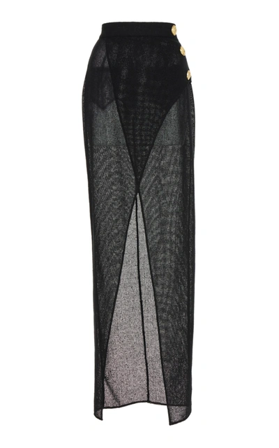 Shop Balmain Long Grid Slit Skirt In Black