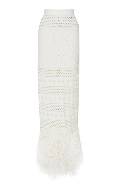 Shop Balmain Fringed Mesh Skirt In White