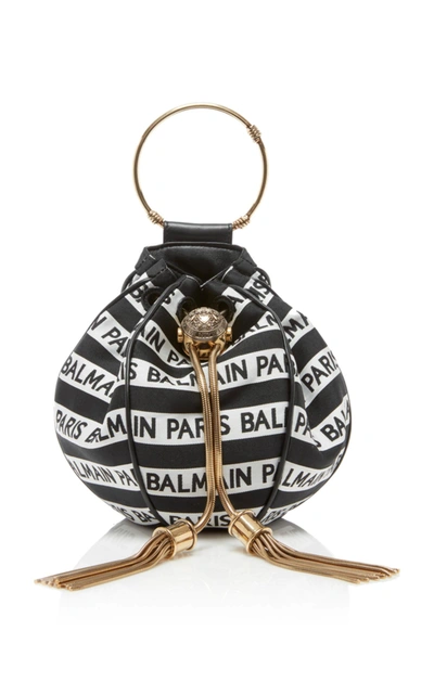 Shop Balmain Mariniere Jacquard Mini B Bucket Bag In Black/white