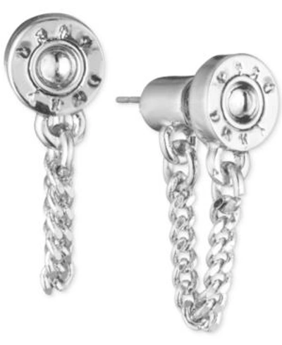 Shop Dkny Logo Rivet Chain Front & Back Earrings In Silver