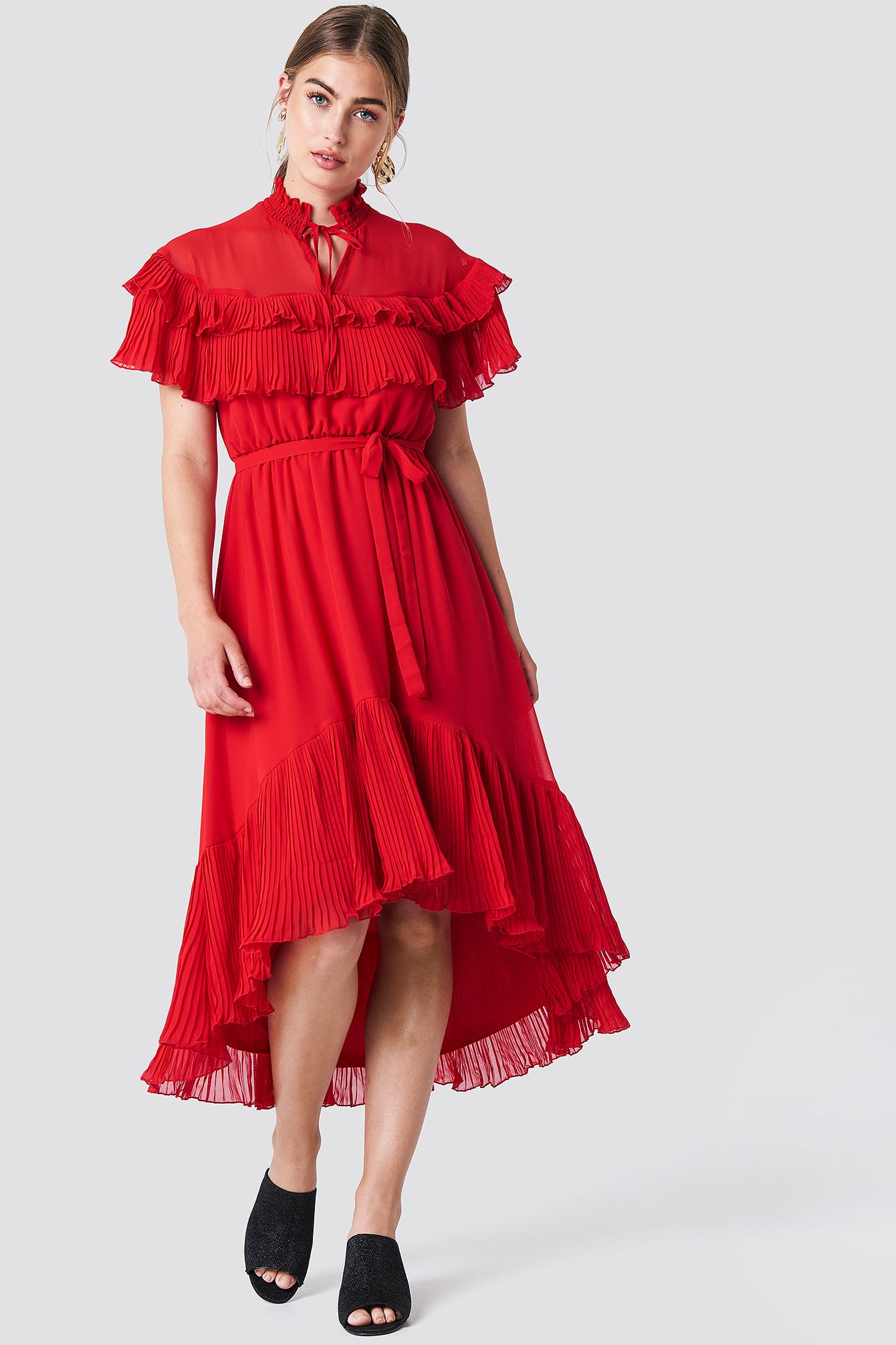 high neck frill midi dress