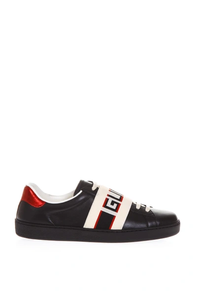 Shop Gucci Black Leather Ribbon Sneakers