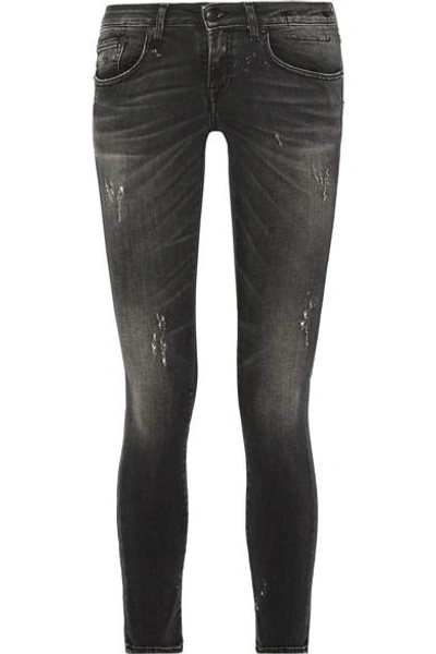 Shop R13 Kate Distressed Low-rise Skinny Jeans In Charcoal