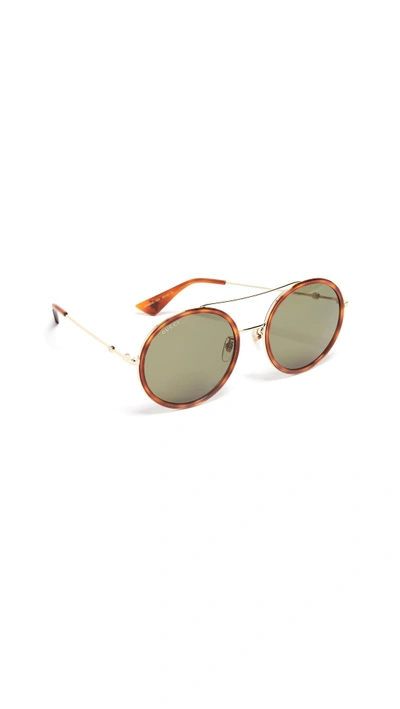 Shop Gucci Urban Web Block Round Sunglasses In Gold/havana With Green Lens