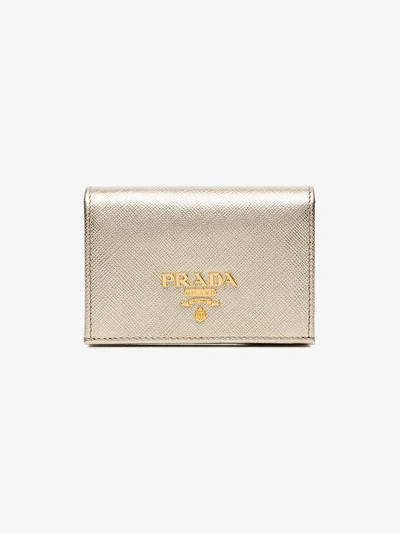 Shop Prada Metallic Gold Logo Saffiano Leather Wallet