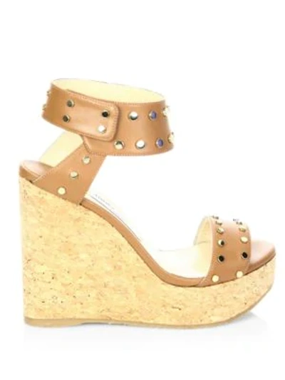 Shop Jimmy Choo Nellie Studded Leather Cork Wedge Sandals In Vino