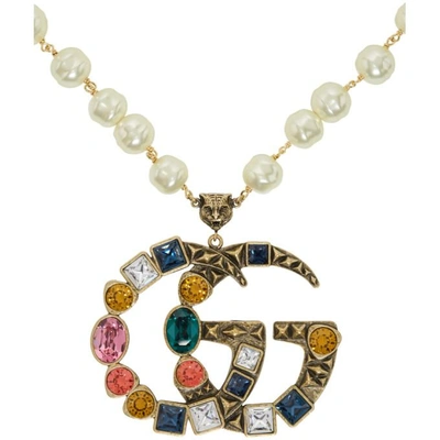 Shop Gucci Off-white Crystal Pearl Pendant Necklace In 8518 Pearl