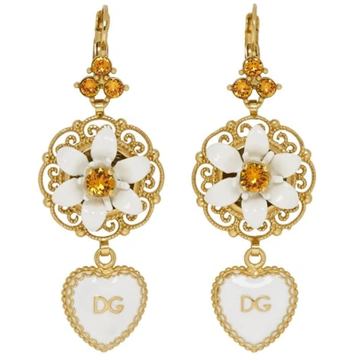 Shop Dolce & Gabbana Dolce And Gabbana Gold And White Heart Flower Earrings In Zoo00 Red