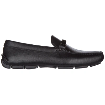 Shop Prada Men's Leather Loafers Moccasins In Black