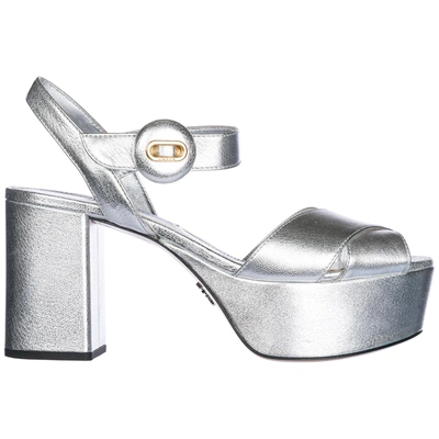 Shop Prada Women's Leather Heel Sandals In Silver