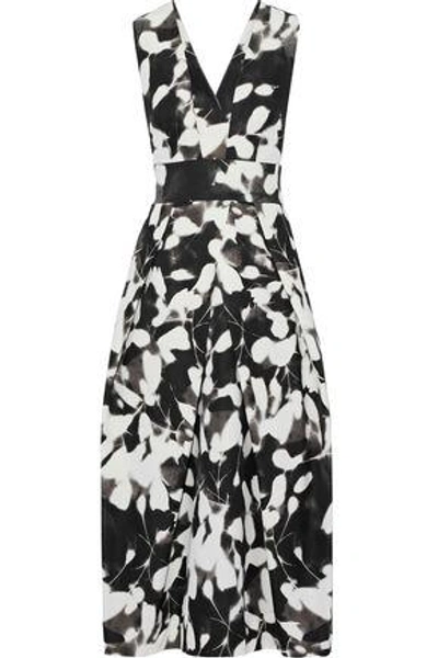 Shop Milly Elisa Printed Cotton-blend Faille Midi Dress In Black