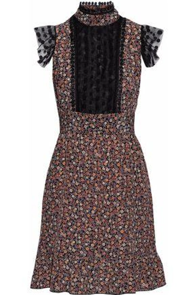 Shop Anna Sui Woman Point D'esprit-trimmed Floral-print Crepe De Chine Mini Dress Black