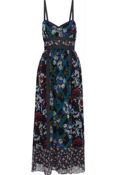 Shop Anna Sui Woman Denim-trimmed Floral-print Silk Maxi Dress Multicolor