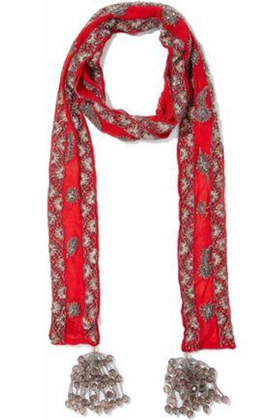 Shop Roberto Cavalli Woman Embellished Printed Silk-gauze Scarf Red