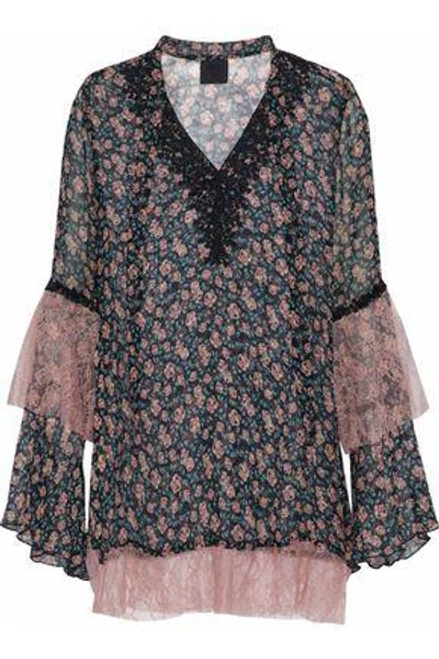 Shop Anna Sui Woman Corded Lace-paneled Floral-print Silk-georgette Top Multicolor