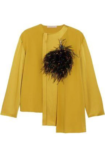 Shop Christopher Kane Woman Feather-embellished Crepe And Satin Top Mustard