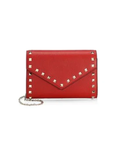 Shop Valentino Women's Rockstud Leather Wallet-on-chain In Rosso