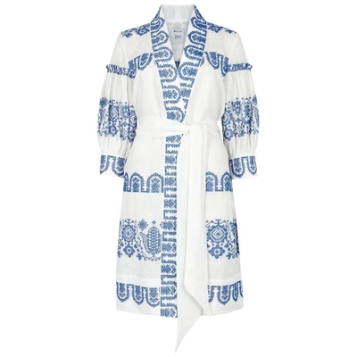 Shop Milly Agnes White Embroidered Linen Dress In Blue