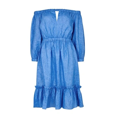Shop Milly Blue Off-the-shoulder Linen Dress