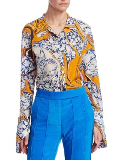 Shop Rosie Assoulin Stretch Silk Printed Button-down Shirt In Orange