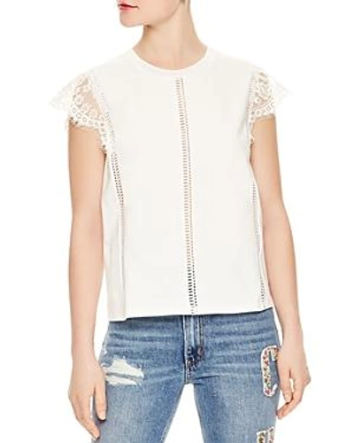 Shop Sandro Ally Lace-sleeve Openwork-detail Top In Ecru