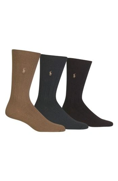Shop Polo Ralph Lauren 3-pack Crew Socks In Tobacco/ Olive/ Brown