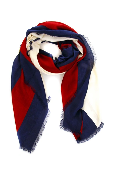 Shop Gucci Web Blue & Ivory Modal Scarf In Ivory-blue-red