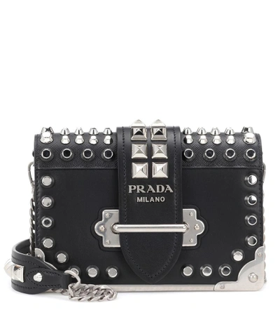 Shop Prada Cahier Studded Leather Shoulder Bag In Black