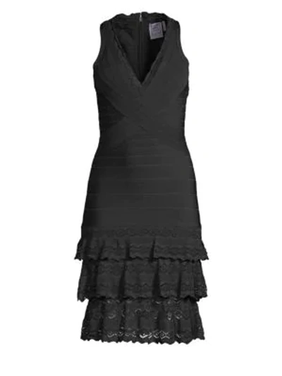 Shop Herve Leger V-neck Tiered Bandage Dress In Black