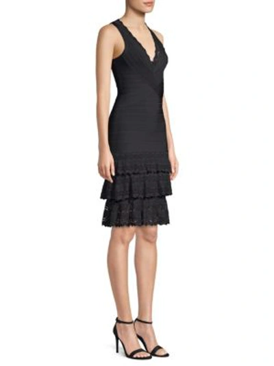 Shop Herve Leger V-neck Tiered Bandage Dress In Black