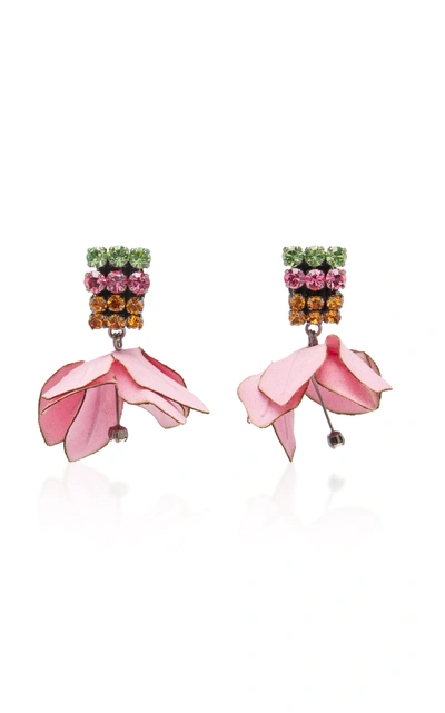Shop Marni Cotton Flower And Rhinestone Earrings In Pink