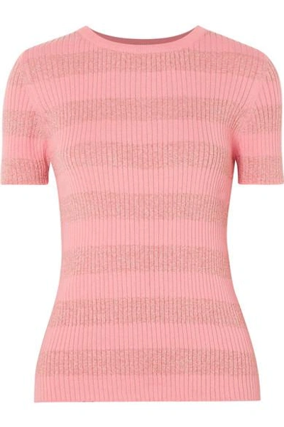 Shop Stine Goya Pablo Striped Ribbed Cotton-blend Top In Pink