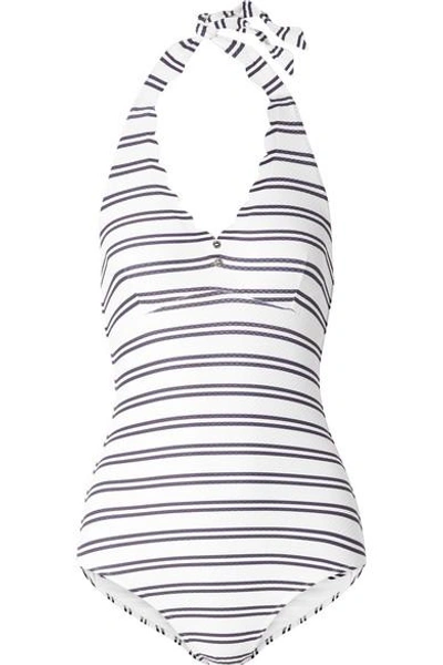 Shop Heidi Klein Bequia Scalloped Striped Stretch-pique Halterneck Swimsuit In White