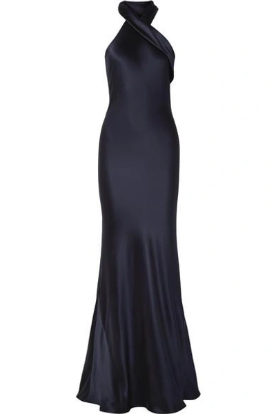 Shop Galvan Pandora Silk-satin Gown In Midnight Blue