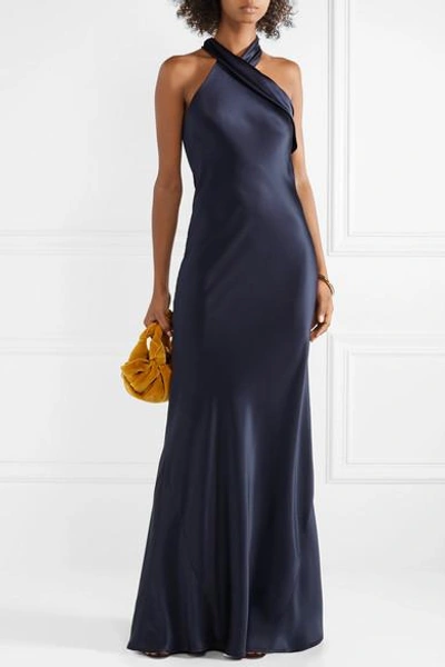 Shop Galvan Pandora Silk-satin Gown In Midnight Blue