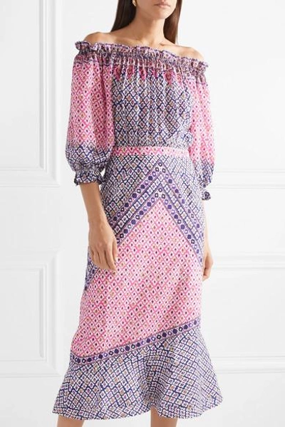 Shop Saloni Grace Off-the-shoulder Printed Silk Crepe De Chine Midi Dress In Purple