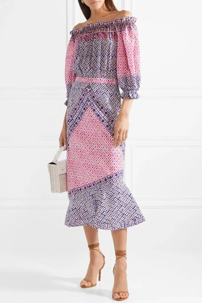 Shop Saloni Grace Off-the-shoulder Printed Silk Crepe De Chine Midi Dress In Purple