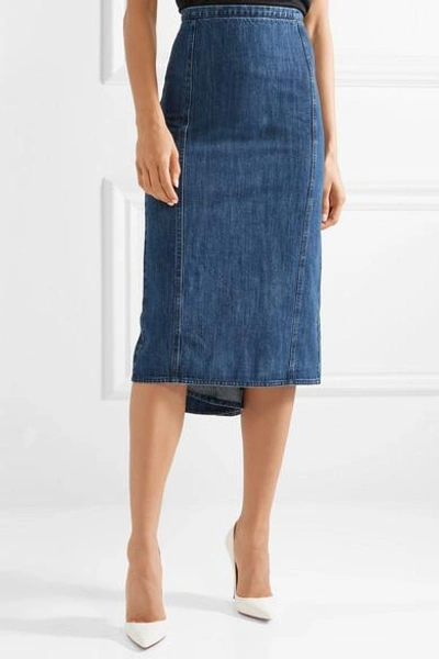 Shop Michael Kors Pleated Denim Midi Skirt In Blue