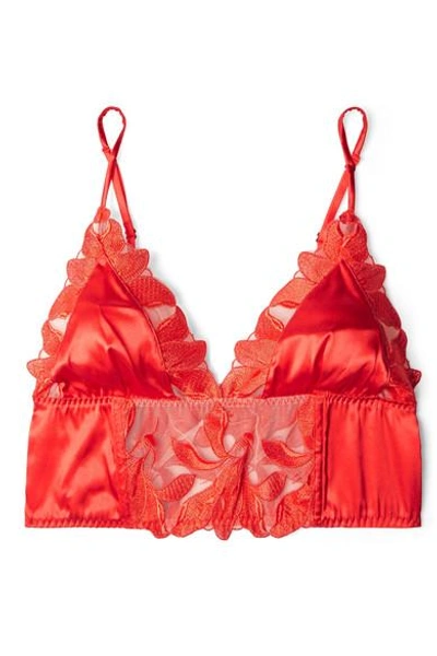 Shop Fleur Du Mal Lily Embroidered Stretch-tulle And Satin Soft-cup Triangle Bra In Red