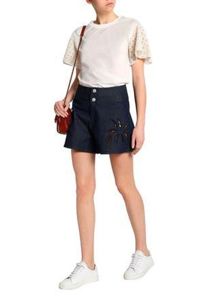 Shop See By Chloé Woman Cutout Embroidered Denim Shorts Dark Denim