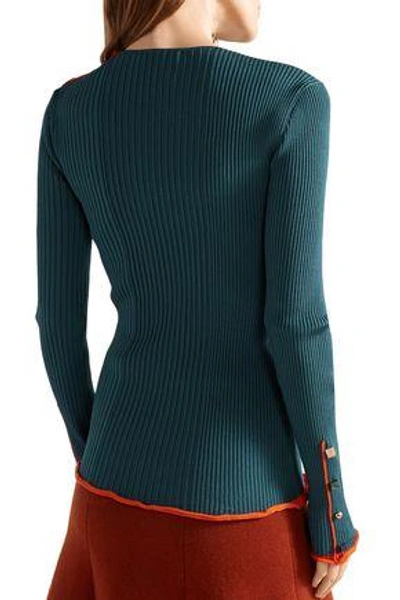 Shop Roksanda Woman Rhea Embellished Ribbed Stretch-knit Sweater Petrol